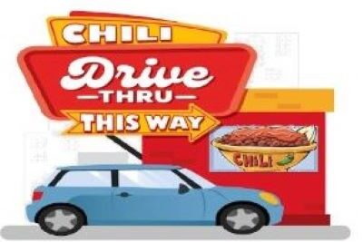 Chili Drive-thru Fundraiser, car driving through a drive-thru picking up chili.